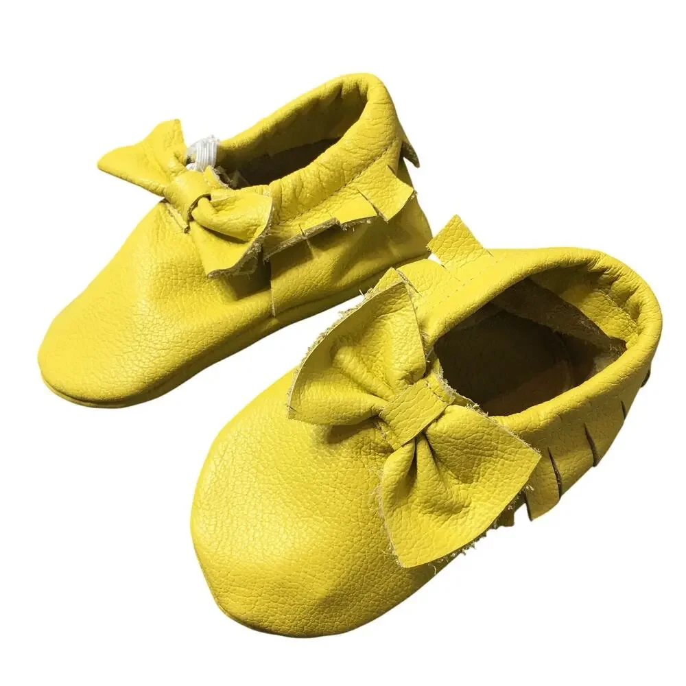 Baby Moccasin Fringe Bow Tie Slip On Mustard Yellow Comfort Leather